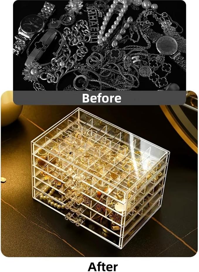 Feadily Acrylic Jewelry Organizer Box, Jewelry Drawer Organizer With 5 Drawers 79 Grids, Clear - Image 7