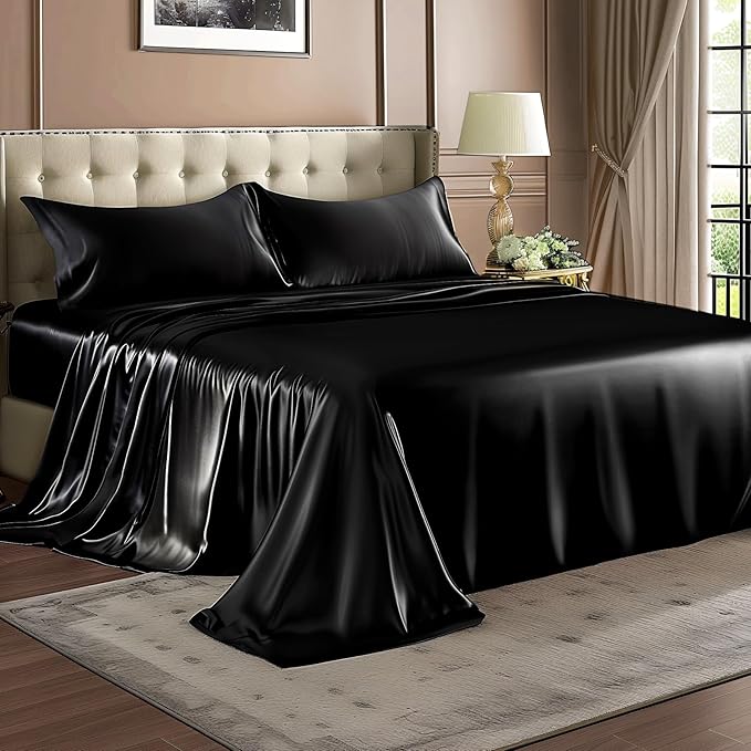 BEDELITE King Size Sheets Set, Luxury Soft Black Satin Sheets for Hair and Skin, Similar to Silk Bed Sheets Set 4 Pieces with 1 Deep Pocket Fitted Sheet, 1 Flat Sheet, and 2 Pillowcases