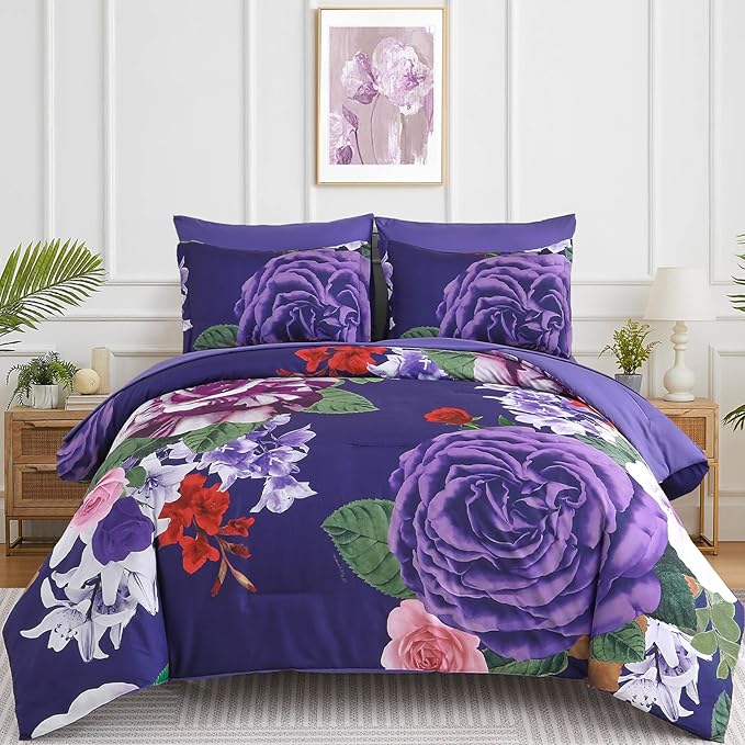 Drucon Dark Purple Floral Comforter King Size 7 Pieces Bedding Sets Bed in a Bag, Botanical Floral Comforter with Sheet Set, Soft Microfiber Bedding Set for All Season(Dark Purple, 104"x90")