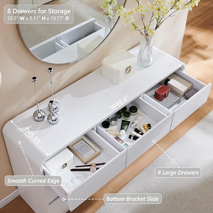 Aitjunz Modern 8 Drawers Dresser for Bedroom, 55" Wide Dressers & Chest of Drawers w/Curved Profile Design, Wood Mid Century Storage Dressers Organizer for Bedroom, Living Room, White