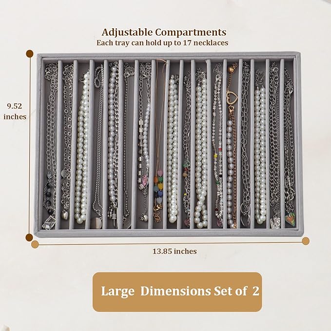 Large Velvet Jewelry Tray 2 Pack Stackable Jewelry Display Drawer Inserts Trays Organizer for Earring Bracelet Necklace Ring (Gray, 16 Grids) - Image 3