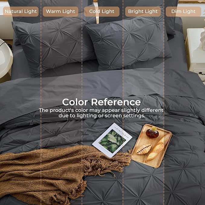 Sasttie Full Size Comforter Set, 7-Piece Bed in a Bag, Pintuck Bedding Sets for All Season, Includes Comforter, Flat Sheet, Fitted Sheet, Pillowcases and Pillowshams, Dark Grey