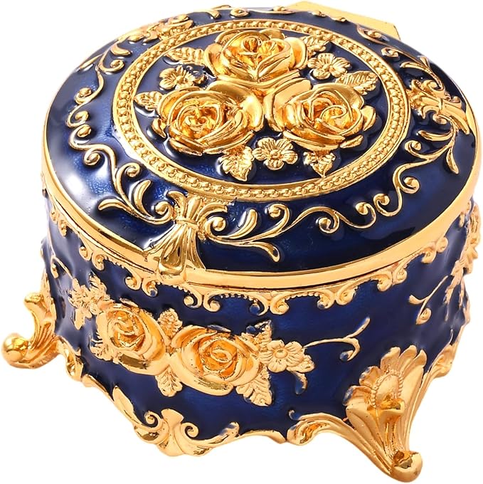 Vintage Jewelry Box, Gold Round Treasure Ring Box, Metal Trinket Organizer Keepsake Box Gift for Girl Women, Deep Blue by Unknown