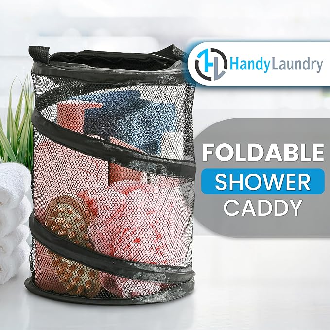 Handy Laundry Foldable Shower Caddy - Collapsible, Portable, Drainage Hole, Carry Handle, Large Compartments, Great Organizer for Camp, Travel, Gym, and Dorm (Black) (Pack of 2) - Image 2