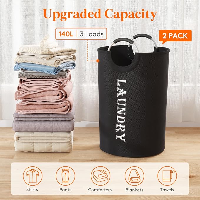 Lifewit 140L 2-Pack Large Laundry Basket, Collapsible Laundry Hamper with Aluminum Handles, Waterproof Freestanding Dirty Clothes Hampers for Laundry Room Bedroom Dorm Bathroom, Black - Image 4