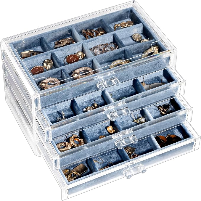 Lolalet Earring Holder Organizer Box Jewelry Storage with 4 Drawers, Clear Acrylic Stackable Earring Case with Adjustable Velvet Trays for Women on Dresser Vanity -Blue, 4 Layers by Lolalet