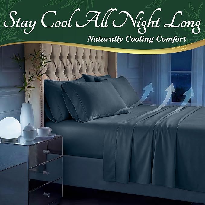 DECOLURE 100% Viscose Derived from Bamboo Sheets Full Size - Luxury 6 Pc Naturally Cooling Sheets, Ultra Soft Bed Set - Deep 17" Pockets, Durable Double Stitching, Oeko Tex Standard (Navy Blue)
