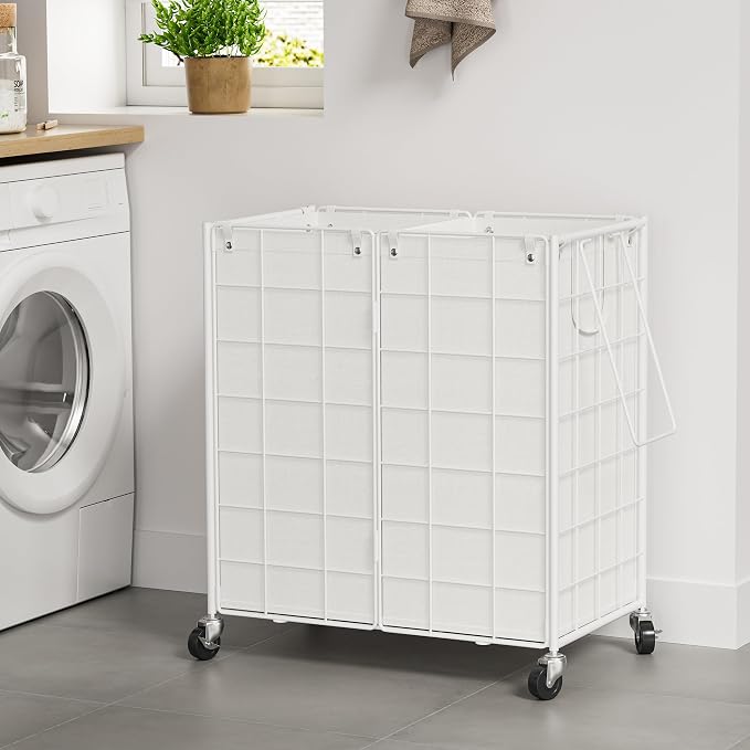 WOWLIVE Double Laundry Hamper with Wheels,Metal Wire Frame Rolling Laundry Basket with 2 Removable bags,120L Dirty Clothes Hamper Organizer Dorm Room Storage for Bedroom,Bathroom,White - Image 3