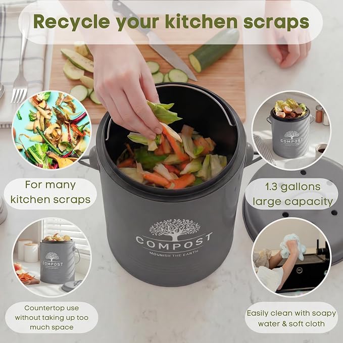Perfnique Kitchen Compost Bin, 1.3 Gallon Countertop Compost Bin with Lid, Indoor Compost Bucket Includes Inner Bucket Liner and Carbon Filter, Small Compost Bin with Trash Bags (with Bags, Grey) - Image 3