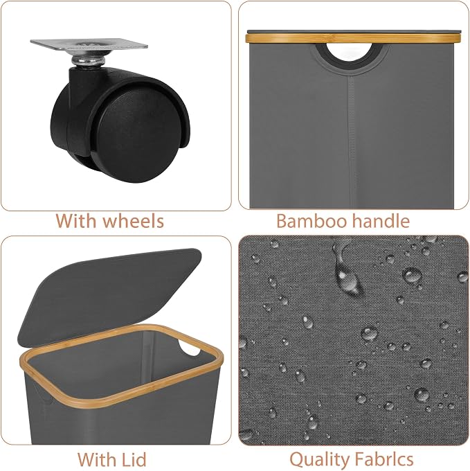 Laundry Basket with Wheels,100L Hampers for Laundry,Large Laundry Hamper with Lid and Bamboo Handles,Collapsible & Waterproof Tall Cloth Hamper for Dormitory Family,Grey - Image 2