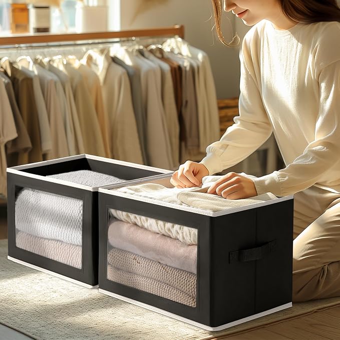 Homsorout Storage Boxes with Lids - 5 Pack Foldable Clear Window Storage Bins, Large Decorative Storage Bins with Handles, Storage Containers for Clothes, Towel, Blanket, Sheet, Black - Image 5