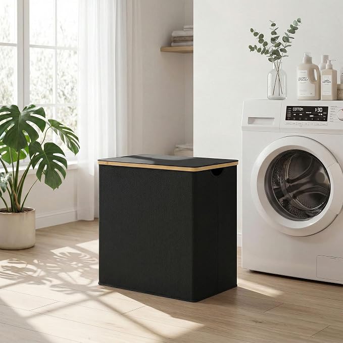 efluky Laundry Hamper with Lid, Double Laundry Hamper with 2 Removable Bags, 2 Section Laundry Basket with Bamboo Handles for Bathroom, Bedroom & Laundry Room, 140L (36.9 Gallon) Black - Image 7