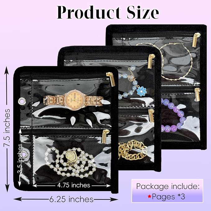 Travel Jewelry Organizer Case,Jewelry Bags for Traveling, Jewelry Binder with 24 Pcs Clear Zipper Velvet Pouches (Inner Pages, 3 PCS) - Image 2