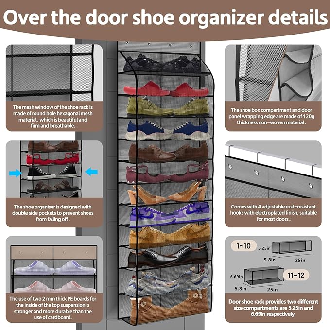 PAULONE 12 Pocket Over the Door Shoe Organizer,Reusable Breathable Large Mesh Bag Men's & Women's Sneaker Organizer,Shoe Organizer for Kids,Hanging Shoe Storage Hanging Bag (Grey) - Image 2