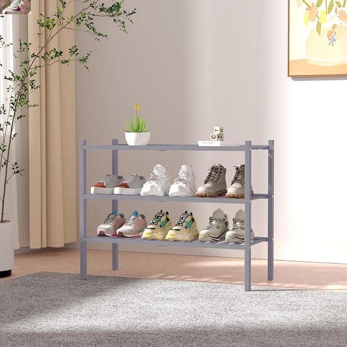 ROMGUAR CRAFT 3 Tier Bamboo Shoe Rack for Closet Free Standing Wood Shoe Shelf Storage Organizer for Entryway Small Space Stackable 27"x11"x20" (Grey) - Image 2
