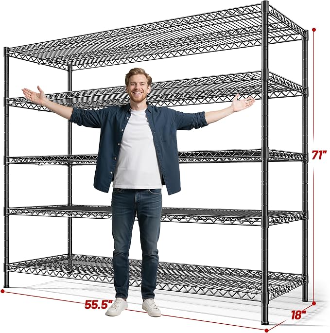 REIBII 3200LBS Storage Shelves 55.5" W Garage Shelving Heavy Duty 5 Tier Adjustable Wire Shelving Unit Metal Shelving for Garage Pantry Commercial Basement,55.5" W X 18''D X 71" H - Image 3