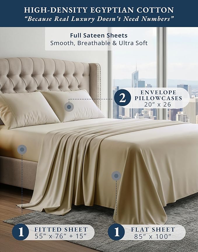 LANE LINEN 100% Egyptian Cotton Bed Sheets Full Size, 15 inch Deep Pocket Full Bedding Set, Naturally Temperature Regulating Cooling NO Pill Fade Resistant Cotton Sheets Full - Linen