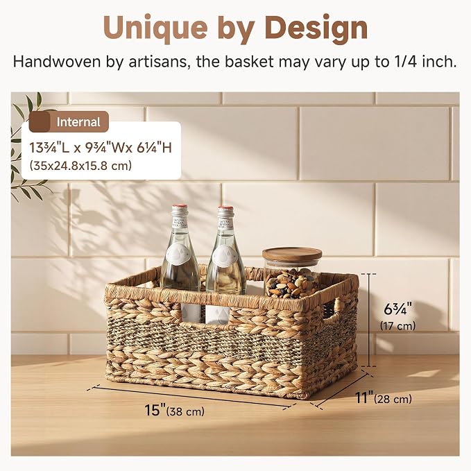 StorageWorks Large Rectangular Wicker Basket, Water Hyacinth and Seagrass Storage Basket with Built-in Handles, 1 Pack - Image 3