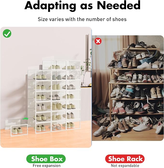 Foluck Shoe Storage Box, 15 Pack Clear Plastic Stackable Shoe Organizer for Closet, Interlocking Design Shoe Container Bins for Sneakers, Foldable Shoe Rack with Lids, White - Image 4