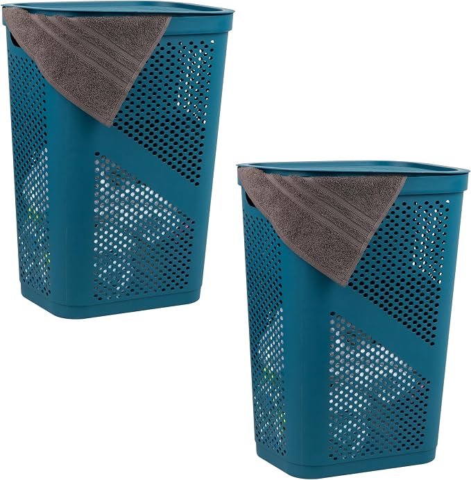 Mind Reader 60L Slim Laundry Hamper, Clothes Basket, Lid, Ventilated, Plastic, Set of 2, Blue by MindReader