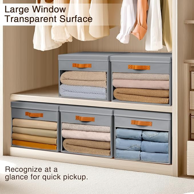 Homsorout Large Storage Bins with Lids - 4 Pack Foldable Decorative Organizers with Clear Windows & Handles, Cube Storage Organizers for Clothes, Blankets, Sweaters, Sheets, Grey - Image 5