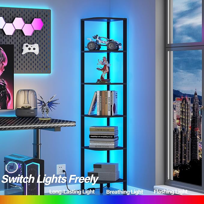 TUTOTAK Corner Shelf with LED Light, 6-Tier Corner Bookshelf for Small Space, Narrow Display Corner Shelf Stand with Storage Rack, for Living Room, Bedroom, Black BS08BK006L - Image 3