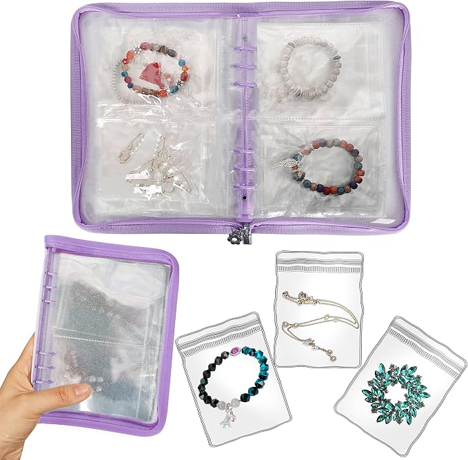 Bracelet Holder Travel Jewelry Organizer Case Transparent Jewelry Storage Book for Earring Necklace Ring with Small Clear Zippered Pouch by LingLingo