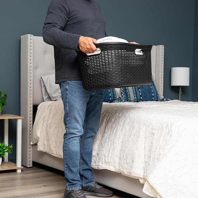 Mind Reader 40L Laundry Basket, Clothes Hamper, Premium Wicker Design, Plastic, Black - Image 2