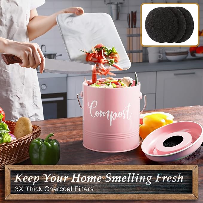 DAYYET Compost Bin Kitchen, 1.3 Gallon Farmhouse Kitchen Compost Bin Countertop, Indoor Countertop Compost Bucket with Lid and Charcoal Filters, Pink - Image 3