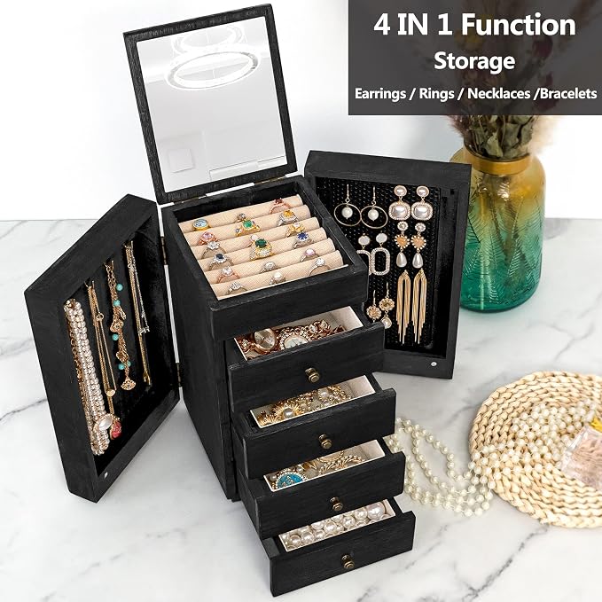 Meangood Jewelry Box Wood for Women, 5-Layer Large Organizer Box with Mirror & 4 Drawers for Rings, Earrings, Necklaces, Black - Image 2