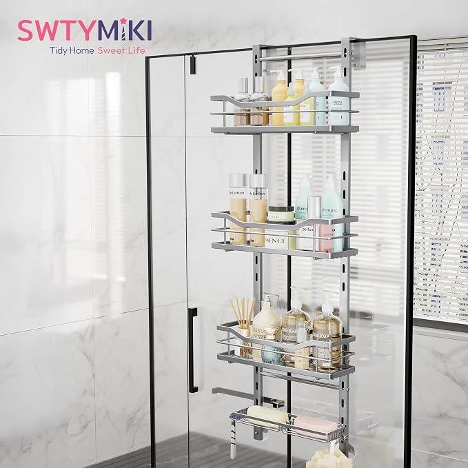 SWTYMIKI Over the Door Shower Caddy - 4 Tier Adjustable Shower Organizer Hanging with Soap Holder, No Drilling Stainless Steel Bathroom Rack Hanging for Body Wash, Shampoo, Soap, Razor, Silver - Image 2