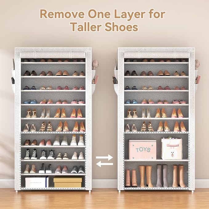 ROJASOP 10 Tier Shoe Rack with Covers Large Capacity Stackable Tall Shoe Shelf Storage for 50-55 Pairs Shoe and Boot, Sturdy Free Standing Shoe Rack Organizer for Closet, Entryway, Bedroom, Printing - Image 6