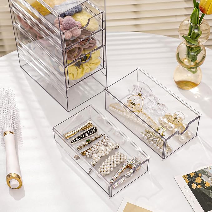 FABROK Clear Hair Accessory Organizer Box with 5 Drawers, Compact Storage Organization Drawers Set for Cosmetics, Glasses, Stationery, Stackable Storage Containers Box for Bathroom, Closet, Office - Image 2