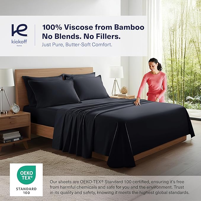 Kickoff Viscose Bamboo Sheets California King Size 4-pc 100% Organic Bamboo Viscose Bed Cooling Sheets Cal King Set Cool Bedding for hot Sleepers Sheet, Flat, Fitted, Pillowcases (Black, CK)