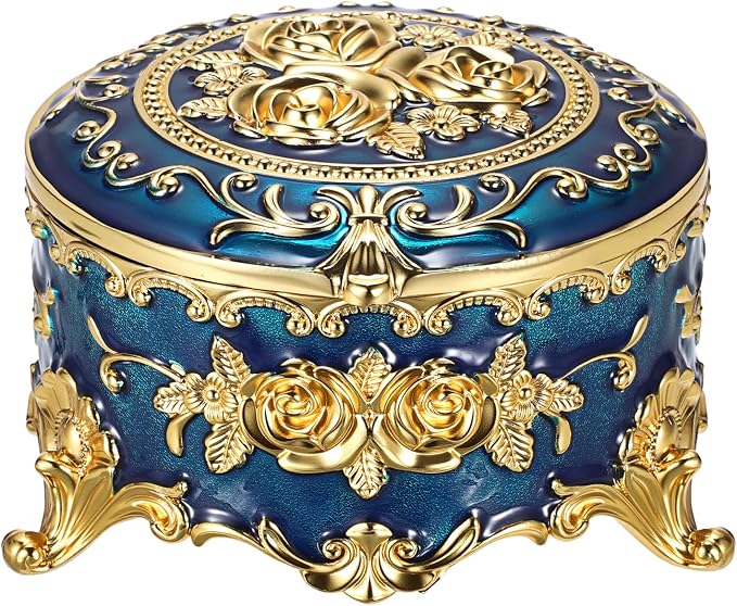 Hipiwe Vintage Jewelry Box Metal Keepsake Box Round Treasure Storage Case for Ring Earrings Necklace Holder Wedding Birthday Gift for Woman, Blue, 5.7" L x 5.1" W x 3.5" H by Hipiwe