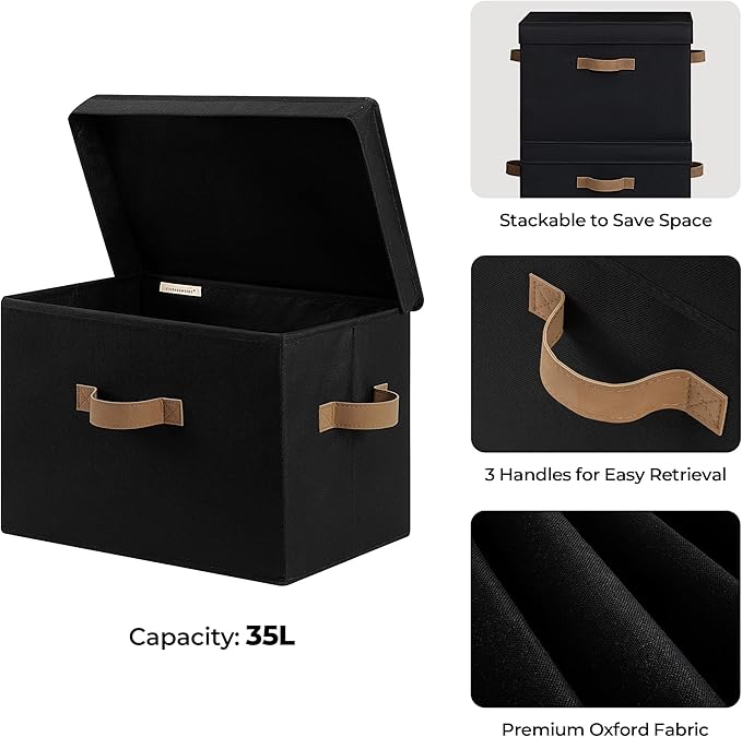 StorageWorks Fabric Storage Bins with Lid, Decorative Storage Boxes for Shelves, Stackable Closet Organizer Basket with Handles, Jumbo, Black, 2-Pack - Image 3