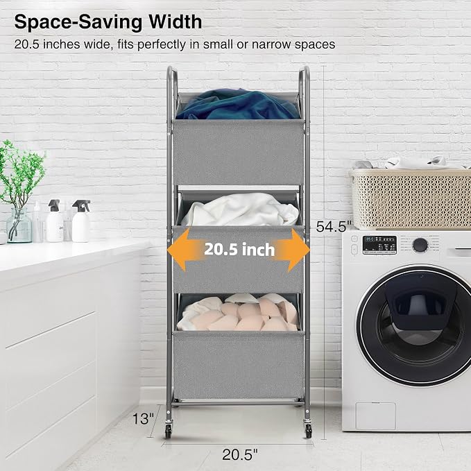 STO STO 3-Tier Vertical Rolling Laundry Hamper with Removable Bags, 120L Stackable Laundry Sorter Basket, Clothes Hamper with Wheels for Small Spaces, Closet, Bedroom, Bathroom, Laundry Room, Gray - Image 3