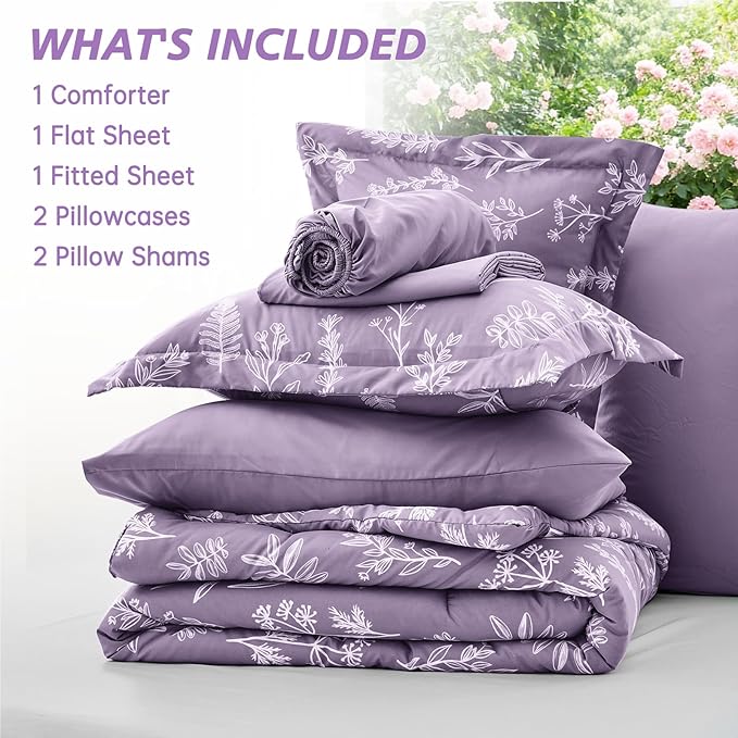 MUXHOMO Grayish Purple Bed in a Bag Queen 7 Pieces, Queen Comforter Set Reversible Botanical Flowers Design, Ultra Soft & Breathable Bedding Sets with Comforter, Sheets, Pillowcases & Shams