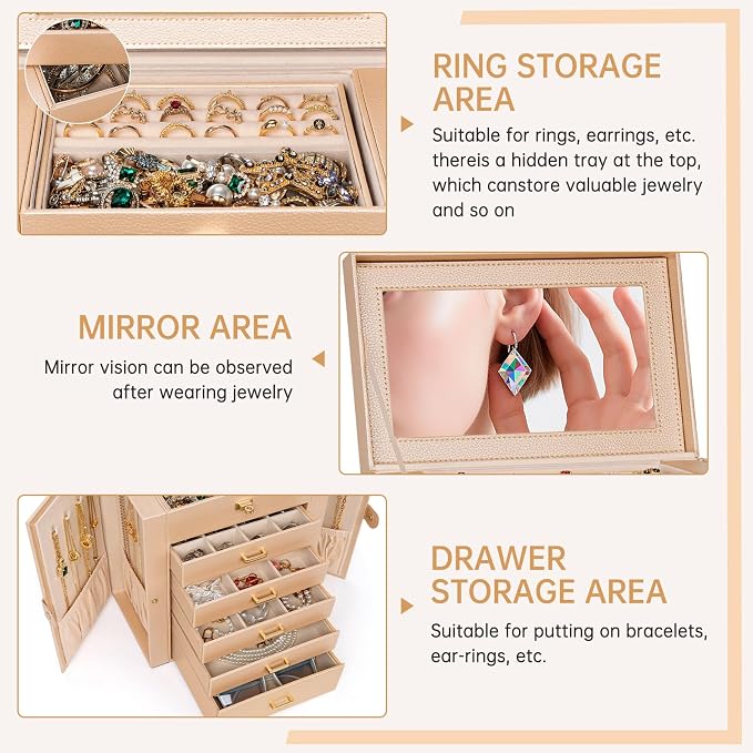 AKOZLIN 6-Tier Jewelry Box Organizer Functional 5 Drawers Leather Jewelry Storage Case for Women Girls Ring Necklace Earring Bracelet Holder Organizer with Mirror Champagne - Image 2