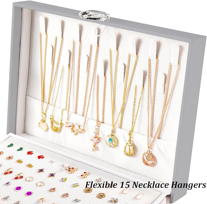 QBestry Earring Jewelry Box for Women Girls Stud Organizers, 5 Layers Grey Jewelry Organizer Box with Lock Necklaces and Earrings Holder Jewelry Box with Earring Organizer for Women Girls Xmas Gifts - Image 4