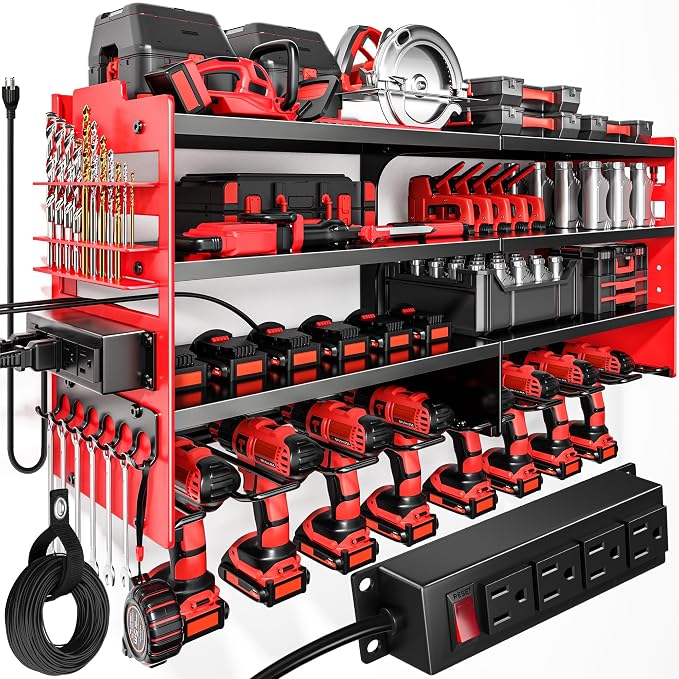 POKIPO Large Power Tool Organizer Wall Mount with Charging Station,4 Layer Heavy Duty Metal Tool Storage Shelf Loads 600lbs,Battery Utility Rack With 4 Outlet Power Strip with 8 Cordless Drill Holder by POKIPO