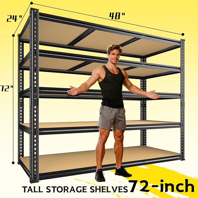 48" W Garage Shelving Heavy Duty 3080LBS Garage Storage Shelving, 5 Tier Adjustable Metal Shelving Unit Utility Rack Shelf for Warehouse, Pantry, Closet, Kitchen 72" H x 48" W x 24" D, Black,Gifts - Image 2