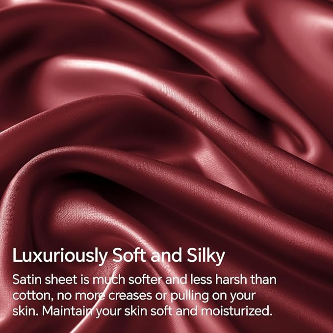 BEDELITE King Size Sheets Set, Luxury Soft Burgundy Satin Sheets for Hair and Skin, Similar to Silk Bed Sheets Set 4 Pieces with 1 Deep Pocket Fitted Sheet, 1 Flat Sheet, and 2 Pillowcases