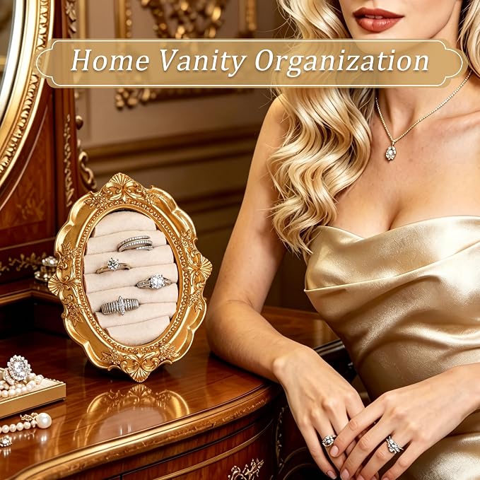 Vintage Ring Holder Rectangle Gold Velvet Display Stand - Baroque Jewelry Organizer Box Tray for Wedding Engagement Anniversary Women Birthday Christmas Gift Photograph Prop (MPF05-White) - Image 5
