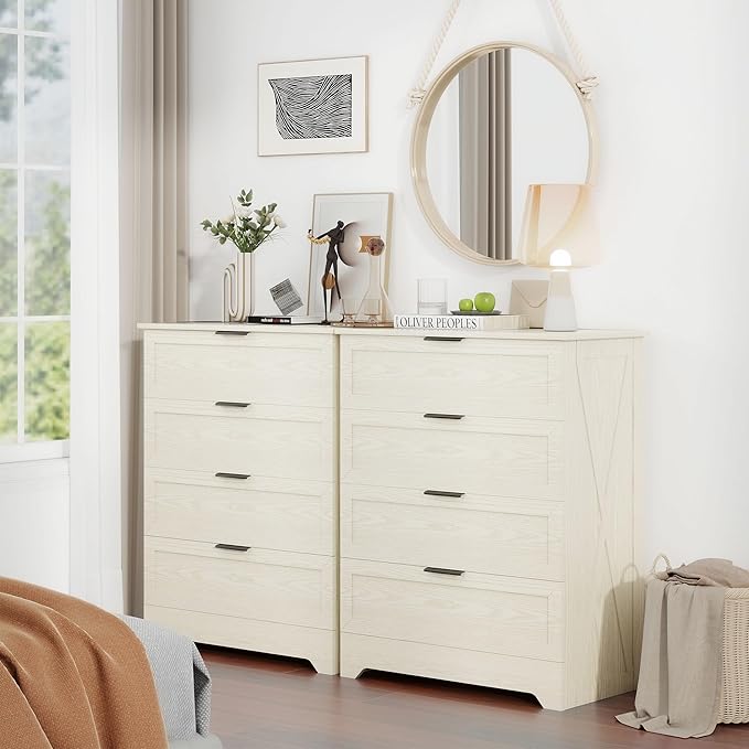 FTZxHKLX 4 Drawer Dresser for Bedroom, Tall Bedroom Dresser with Large Drawer & Black Handles, Wooden Storage Organizer Cabinet Chest of Drawer for Closet, Living Room, Hallway, Light Oak