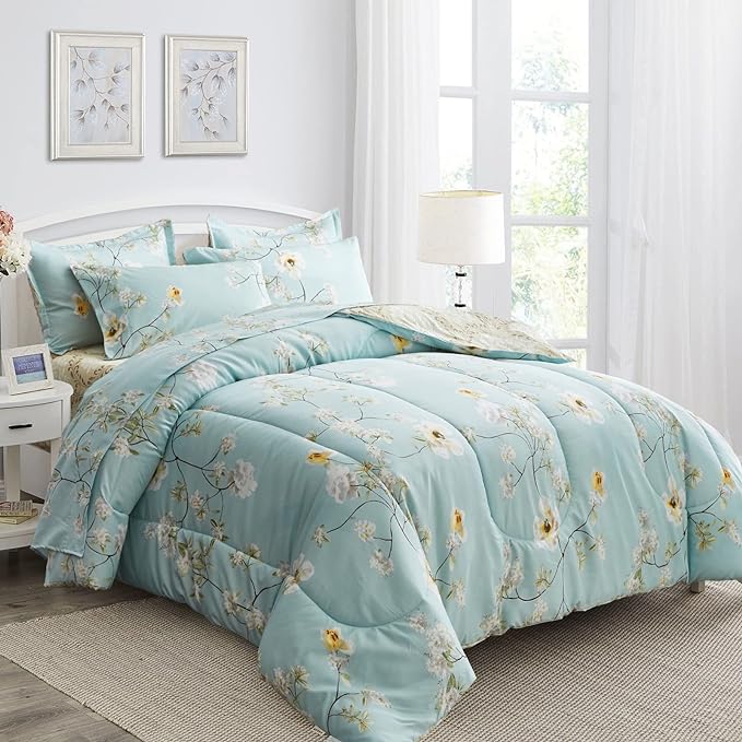 Joyreap 7 Piece Bed in a Bag Queen, Aqua Floral Elegant Design, Smooth Soft Microfiber Comforter Set (1 Comforter, 2 Pillow Shams, 1 Flat Sheet, 1 Fitted Sheet, 2 Pillowcases)
