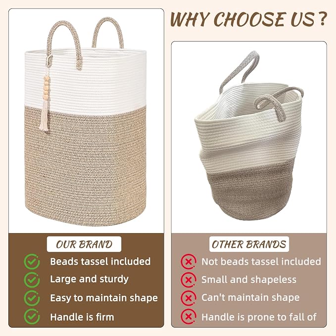 65L Woven Laundry Basket for Clothes, Large Rectangle Laundry Hampers with Beads Tassel, Nursery Storage Basket for Toys, Tall Dirty Clothes Hamper for Bedroom Aesthetic, Laundry Room Organization - Image 2