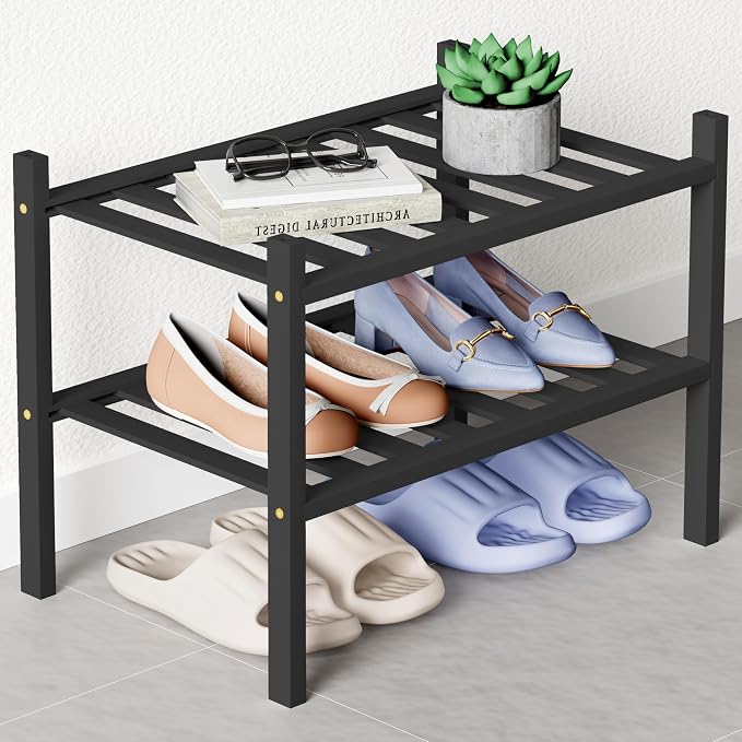 Smiry Bamboo Shoe Rack for Closet, 2 Tier Small Wooden Stackable Shoe Organizer, Free Standing Shoes Storage Shelf for Entryway, Front Door Entrance, Black by Smiry