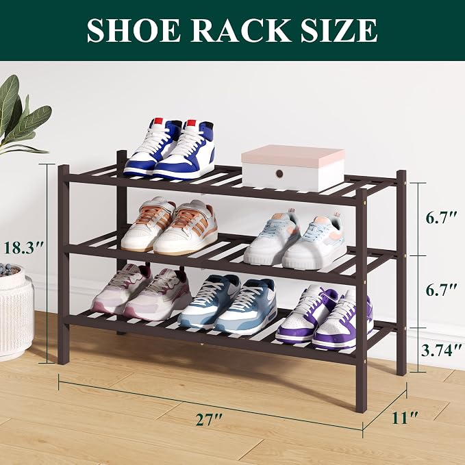 Smiry Bamboo Shoe Rack for Closet, 3 Tier Wooden Stackable Shoe Organizer, Free Standing Shoes Storage Shelf for Entryway, Front Door Entrance, Brown - Image 2