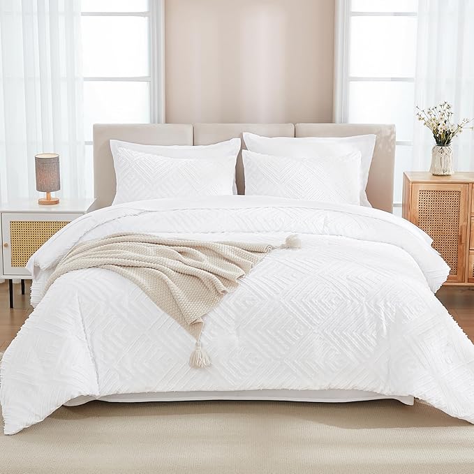 Andency California King Size Comforter Set with Sheets White - 7 Pieces Bed in a Bag Cal King Boho Tufted Lightweight Bedding Sets with Comforter, Sheets, Pillowcases & Shams
